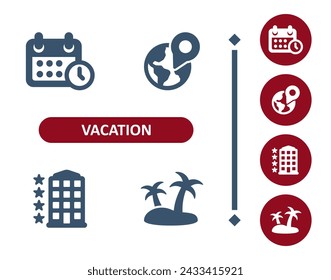 Vacation icons. Tourism, calendar, schedule, location, destination, hotel, resort, island, beach icon. Professional, 32x32 pixel perfect vector icon.