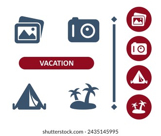Vacation icons. Tourism, photos, post card, camera, camping, camp, tent, island, beach icon. Professional, 32x32 pixel perfect vector icon.