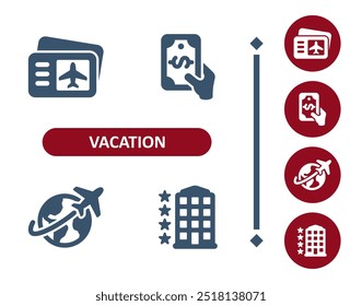 Vacation icons. Tourism, plane ticket, buy, pay, hand, money, travel, globe, plane, hotel icon. Professional, 32x32 pixel perfect vector icon.