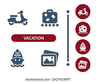 Vacation icons. Tourism, scooter, moped, luggage, baggage, cruise ship, photo icon. Professional, 32x32 pixel perfect vector icon.