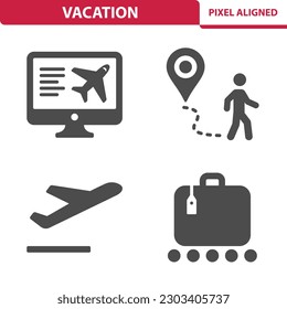 Vacation Icons. Tourism, Travel, Computer, Booking, Tourist, Plane, Luggage. Professional, pixel perfect vector icon set.