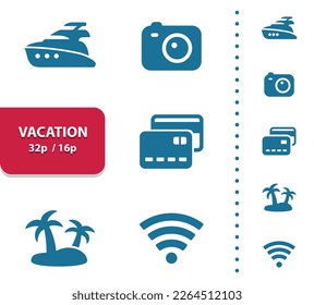 Vacation Icons. Tourism, Travel, Holiday Vector Icon Set. Professional pixel perfect vector icon in glyph style.