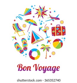 Vacation illustration with Bon Voyage headline in flat mosaic style