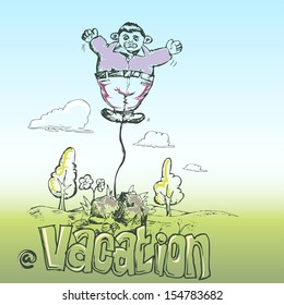 Vacation Illustration, Fat Man Floating On Landscape Background