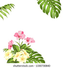 Vacation illustration with floral garland. Wedding garland with tropical flowers for invitation card. Summer holiday invitation card with floral bouquet with text place. Vector illustration.