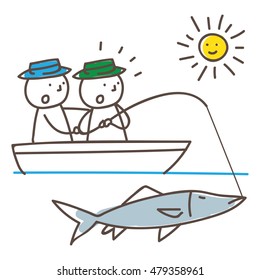 Vacation illustration set. Catching a big fish