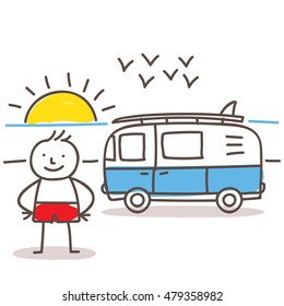 Vacation illustration set. Pose in the beach in front of the van