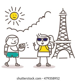 Vacation illustration set. Taking picture in front of Eiffel tower