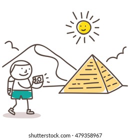 Vacation illustration set. Taking picture of the famous pyramid