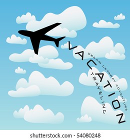 Vacation illustration with a silhouette of a commercial airplane taking off into the clouds.