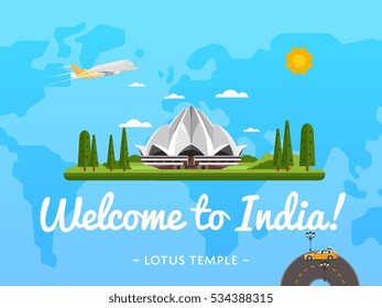 Vacation in India. Travel poster with vector Lotus Temple in Delhi illustration. Transfer to India. Cultural tour. Traveling agency advertisement. Worldwide air or road tourism on vacation
