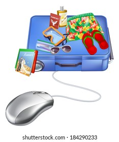 Vacation internet sale concept of a computer mouse and holiday items on a suitcase