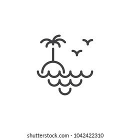 Vacation, Island landscape outline icon. linear style sign for mobile concept and web design. Palm tree, sea waves and flying birds in the sky simple line vector icon. Symbol, logo illustration