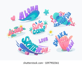 Vacation isolated  image art. Sticker vector design. Summer illustrations with the inscription of shaka, skate, aloha, surf camp, love