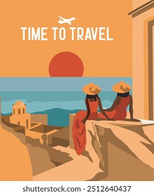 Urlaub in Italien, Griechenland. Tourismus. Zwei Frauen am Strand beobachten den Sonnenuntergang und bewundern die Meereslandschaft. Postkarte, Banner mit Platz für Text für Werbetourismus, soziale Netzwerke, Website