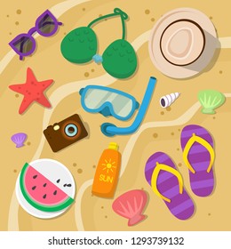 Vacation items vacation at sea travel accessories holiday long day off travel things concept background view. Modern flat style vector illustration.