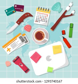 Vacation items vacation travel accessories holiday long day off travel things concept background view. Modern flat style vector illustration.