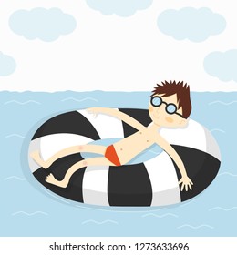 Vacation. Journey. The guy sunbathes on the sea, in the swimming circle. Striped circle. For web, banner, design, advertising, etc. Colorful colors.