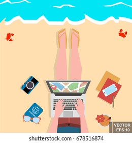Vacation. Journey. Simple flat design. Work online. Recreation.