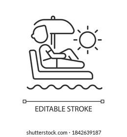 Icono de vacaciones dejar lineal. Descanso de la ilustración personalizable de la línea delgada del trabajo. Símbolo de contorno. Empleado tomando el sol. Relajante dibujo de contorno aislado del vector de negocios. trazos editables