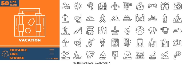 Vacation Line Editable Icons set. Vector illustration in modern thin line style of vacation icons: travel, hotel, tourism, etc