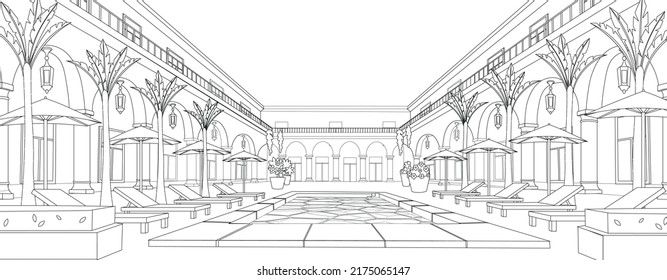 Vacation. Line hotel with swimming pool, and garden, sunbeds and umbrellas. Vector illustration. Line art.