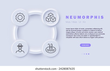 Vacation line icon. Air conditioning, swimming pool, sun, ice cube., chilled beverages, shade. Neomorphism style. Vector line icon for business and advertising
