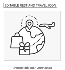 Vacation line icon. Buying gifts and presents abroad. Travelling by plane for shopping. Duty free. Rest and travel concept. Isolated vector illustration. Editable stroke