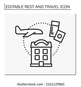 Vacation line icon. Buying tickets and booking hotels for perfect relaxation. Flight by plane. Leisure time. Rest and travel concept. Isolated vector illustration. Editable stroke