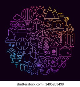 Vacation Line Icon Circle Concept. Vector Illustration of Travel Objects.