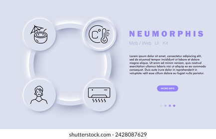 Vacation line icon. Cocktail, ventilation, thermometer, umbrella, cool showers, shade umbrellas, outdoor misting systems. Neomorphism style. Vector line icon for business and advertising