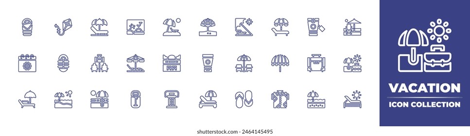 Vacation line icon collection. Editable stroke. Vector illustration. Containing sunbed, flipflops, vacation, sunumbrella, beachvacation, beach, kite, postcard, sleepingbag, summer, lantern, holidays.