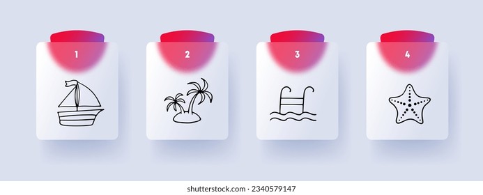 Vacation line icon. Sailboat, ship, beach, starfish, ladder, pool, water. Glassmorphism style. Vector line icon
