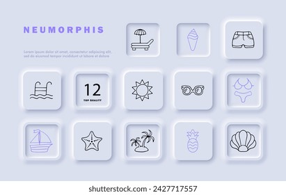 Vacation line icon set. Beach, sun, sand, relaxation, ice cream, glasses, sailboat, island, shell. Neomorphism style. Vector line icon for business and advertising