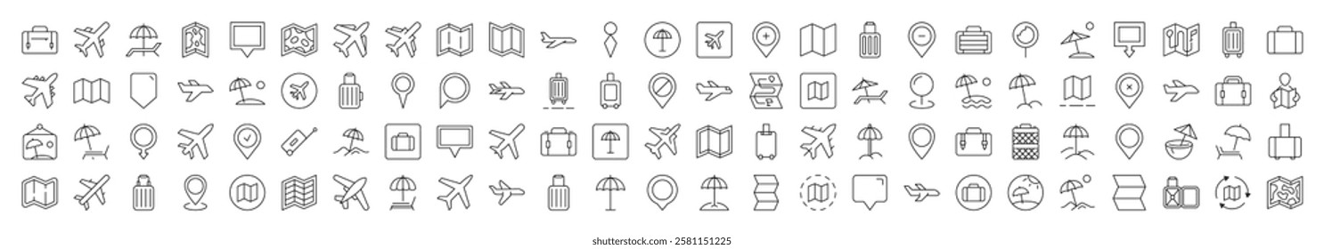 Vacation Line Icon Set. Contains Icons of Plane, Map, Location, Beach Umbrella that Can Be Used for Design of Cards, Posts, Apps, Web Sites 