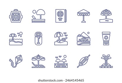 Vacation line icon set. Editable stroke. Vector illustration. Containing vacation, beach, passport, kite, island, hiking, sleepingbag, sunumbrella, umbrella, petcarrier, sunscreen, hammock.