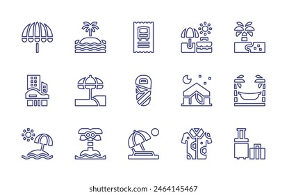 Vacation line icon set. Editable stroke. Vector illustration. Containing shirt, vacation, beach, beachumbrella, luggage, island, hammock, sleepingbag, busticket, camping, coconuttree, hotel.