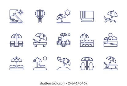 Conjunto de iconos de línea de vacaciones. Trazo editable. Ilustración vectorial. Conteniendo sombrilla, vacaciones en la playa, vacaciones, playa, tumbona, globo aerostático, toalla.