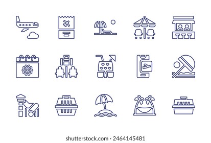 Vacation line icon set. Editable stroke. Vector illustration. Containing sunumbrella, airplane, vacation, bar, beach, petcarrier, aquapark, dogcarrier, hammock, summer, airplaneticket, sunbathing.
