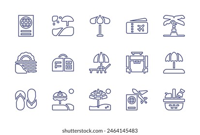 Vacation line icon set. Editable stroke. Vector illustration. Containing airplaneticket, flipflops, umbrellabeach, beach, sunumbrella, picnicbasket, travel, suitcase, handluggage, passport.