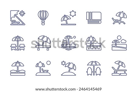 Vacation line icon set. Editable stroke. Vector illustration. Containing sunumbrella, beachvacation, vacations, beach, sunbed, hotairballoon, towel.