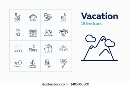 Vacation line icon set. Hotel, palms, cruise ship. Tourism concept. Can be used for topics like resort, travel, journey