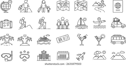 Vacation line icon set. Related to sea, river, summer, sun and more. Beach vector icon set.