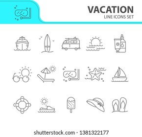 Vacation line icon set. Scuba diving, flip flops, hat. Beach concept. Can be used for topics like tropical resort, relax, seaside, summer activities
