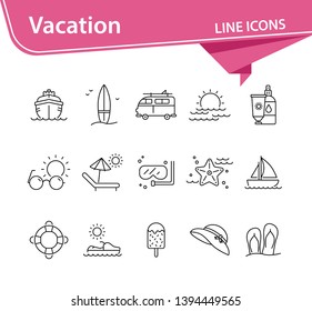Vacation line icon set. Scuba diving, flip flops, hat. Beach concept. Can be used for topics like tropical resort, relax, seaside, summer activities