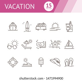 Vacation line icon set. Scuba diving, flip flops, hat. Beach concept. Can be used for topics like tropical resort, relax, seaside, summer activities