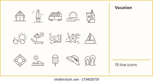 Vacation line icon set. Scuba diving, flip flops, hat. Beach concept. Can be used for topics like tropical resort, relax, seaside, summer activities