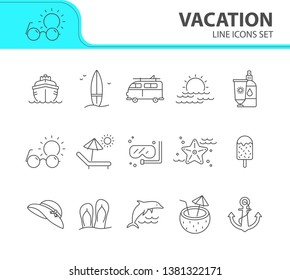 Vacation line icon set. Sunscreen lotion, sun bed, diving. Seaside concept. Can be used for topics like tropical resort, summer activities, holidays