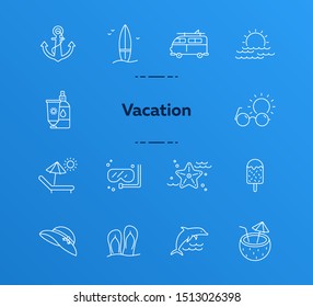 Vacation line icon set. Sunscreen lotion, sun bed, diving. Seaside concept. Can be used for topics like tropical resort, summer activities, holidays