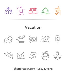 Vacation line icon set. Sunscreen lotion, sun bed, diving. Seaside concept. Can be used for topics like tropical resort, summer activities, holidays
